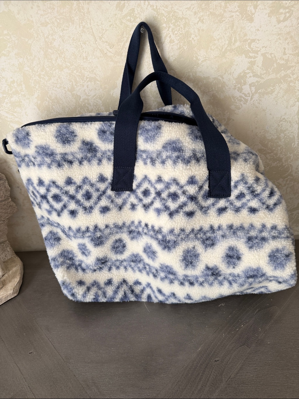 Victoria's Secret Navy And White Plush Patterned Tote